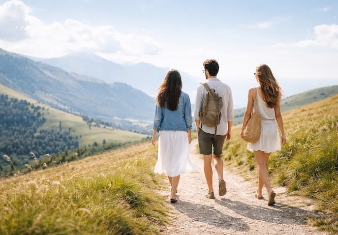 Travelers walking on a scenic mountain trail with green hills and blue sky, ideal cool summer destination to escape heat and relax in nature.