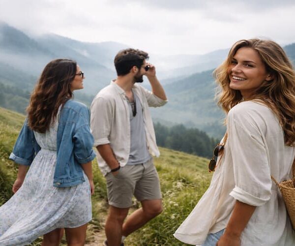 Cool summer destination with travelers walking through misty green hills in fresh weather, perfect escape from heat and crowded cities.