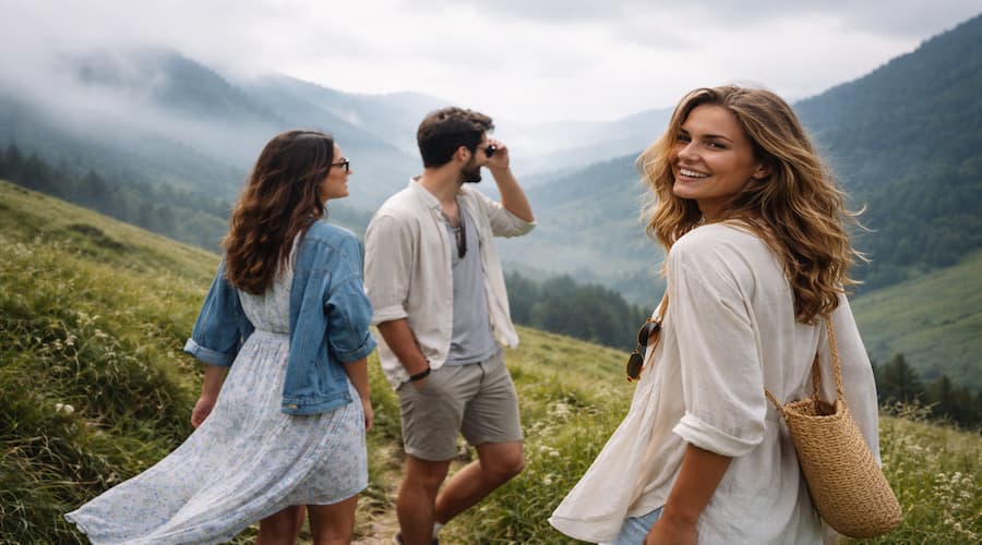 Cool summer destination with travelers walking through misty green hills in fresh weather, perfect escape from heat and crowded cities.