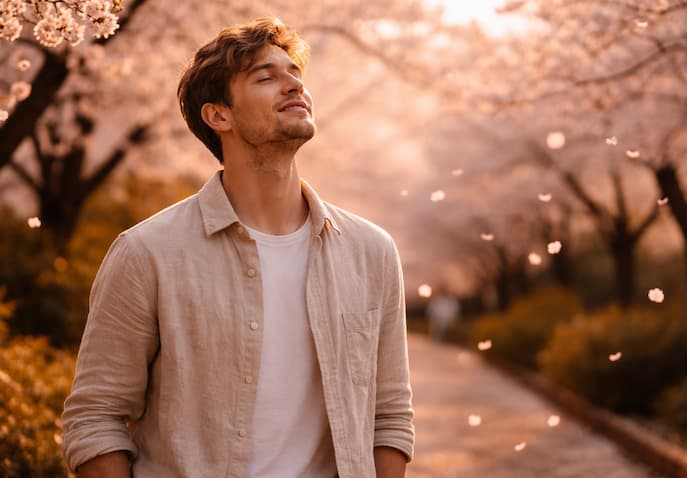 Traveler standing under cherry blossoms in spring, a peaceful emotional healing moment