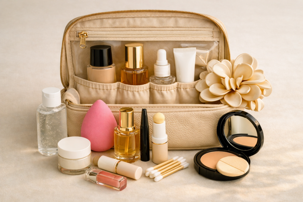 Open pouch with flap showing beauty blender, foundation, golden bottle, flower clutcher, and essentials.