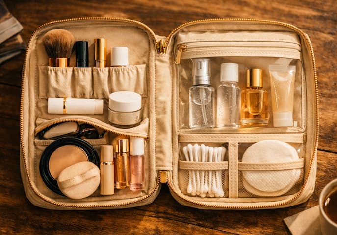 Neatly organized travel pouch with visible sections, liquids separated, and beauty essentials arranged.