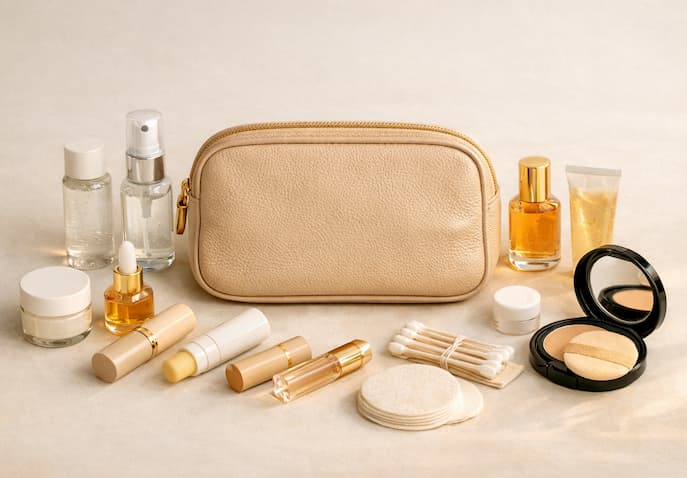 Clean product‑style image of a beige pouch with skincare and beauty items arranged around it.