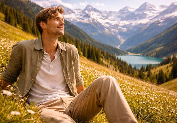 Solo traveler relaxing in the alpine mountains during spring, peaceful glow, reset travel moment