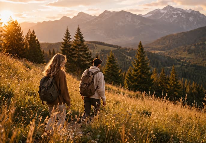 Two travelers walking slowly through a peaceful mountain meadow during golden hour for a calm summer reset travel experience