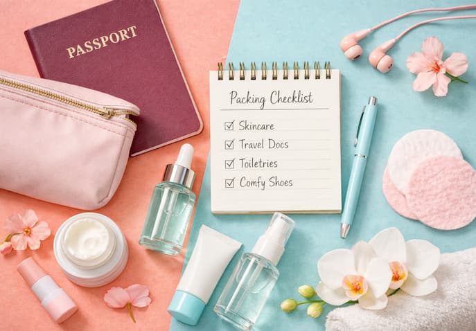 A flat lay of travel essentials including passport, pouch, skincare minis, and packing checklist arranged on pastel pink and blue background for moms