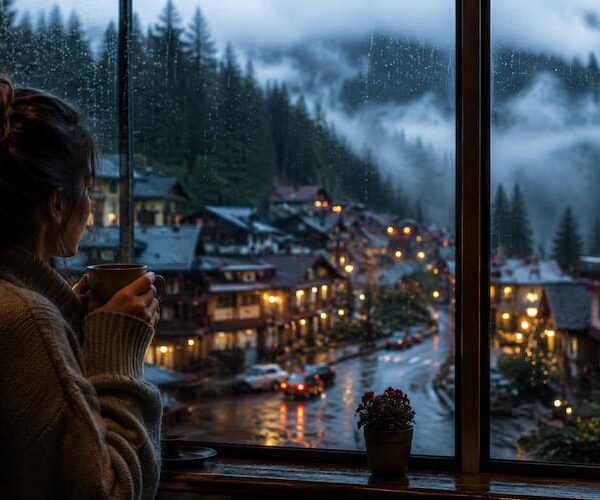 A traveler holding coffee beside a rainy café window overlooking misty mountains during a slow travel journey