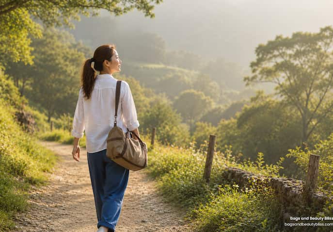 Woman walking through a peaceful green landscape representing nature healing trips and emotional recovery after a difficult year