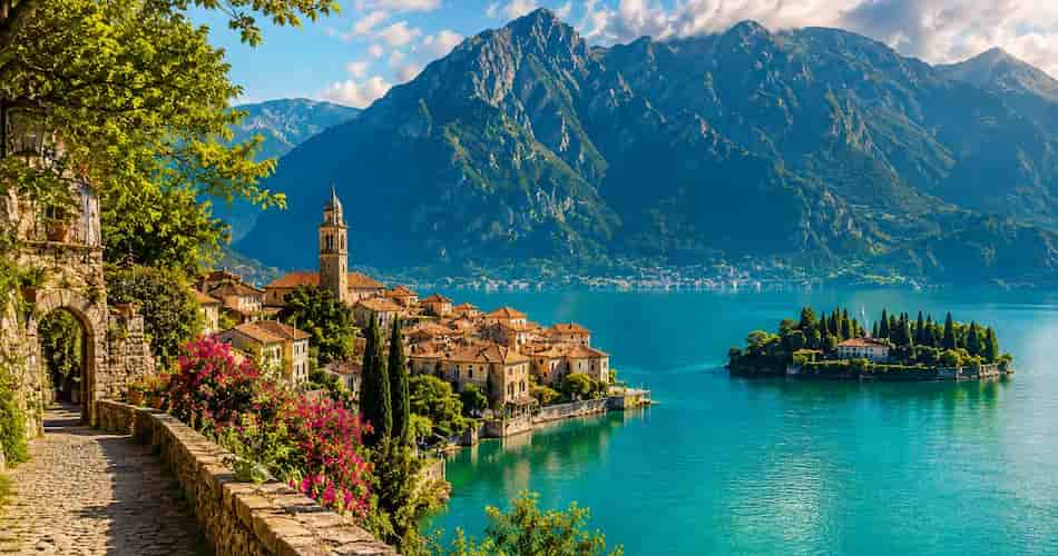 Peaceful mountain lake village view representing how travel can help you heal after a difficult year