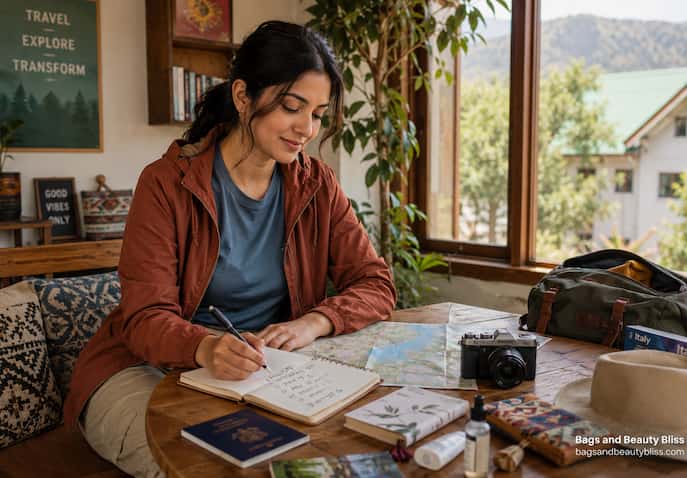Woman journaling and planning a meaningful healing trip with travel essentials and map
