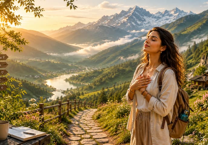 Woman peacefully enjoying a mountain valley landscape during sunrise, symbolizing emotional healing, self-discovery, mindfulness, and the restorative power of travel after a difficult year.