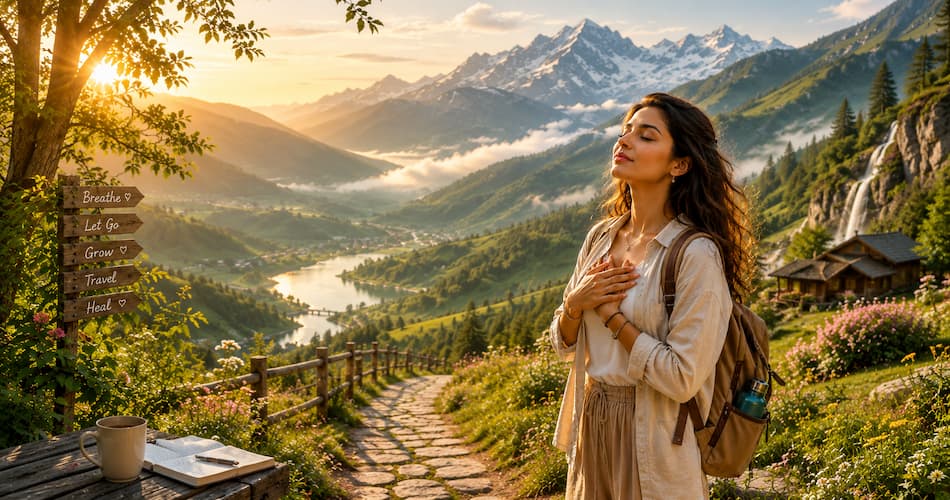 Woman finding peace during a healing journey surrounded by mountains and nature