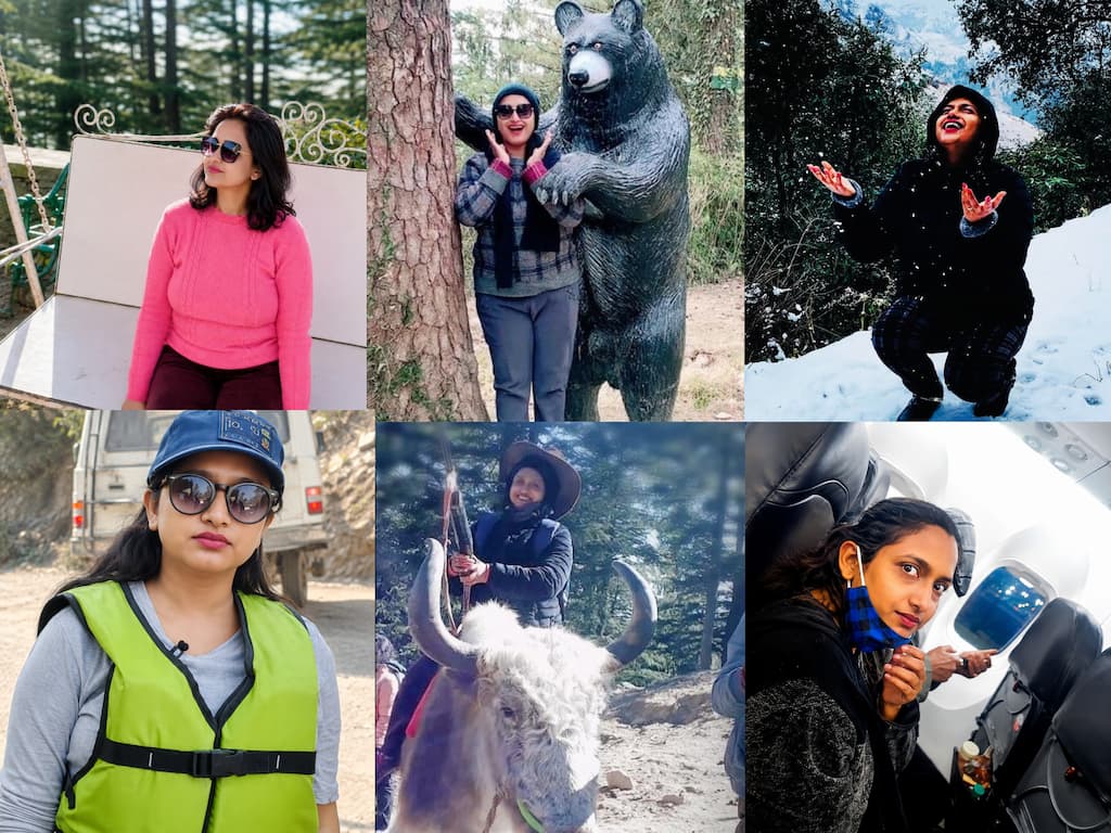 Nidhi Lyall travel and wellness creator collage featuring adventure travel, flight, yak ride, wildlife, rafting, and nature experiences.