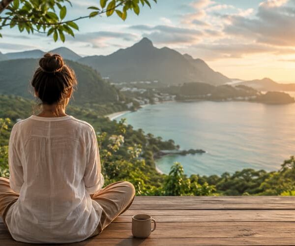 Woman relaxing on a scenic deck overlooking mountains and the sea during a wellness trip