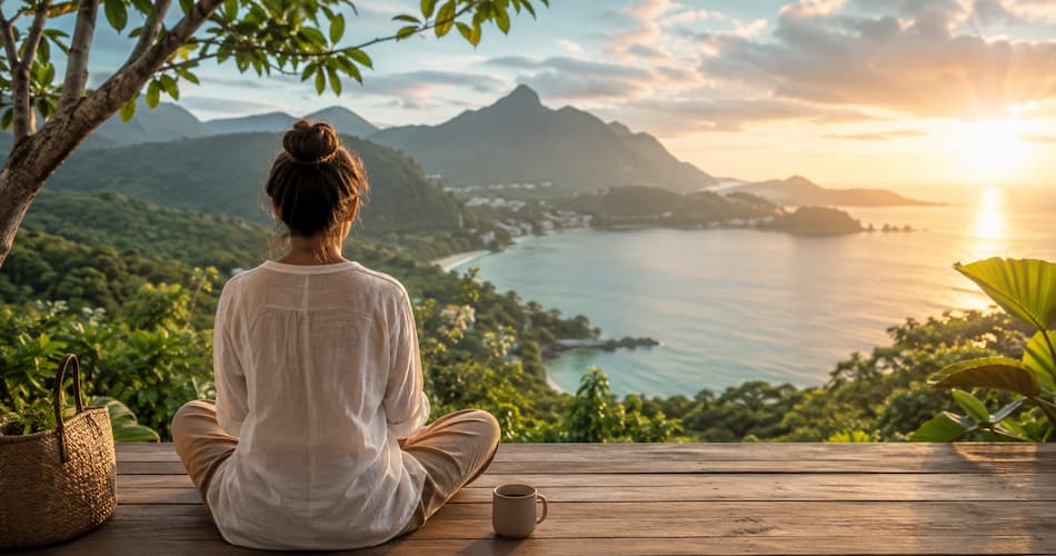 Woman relaxing on a scenic deck overlooking mountains and the sea during a wellness trip