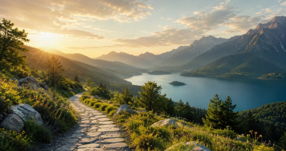 Peaceful mountain lake landscape representing emotional healing through travel